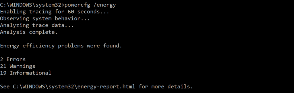 Running command Prompt utility powercfg command for energy battery health check status report