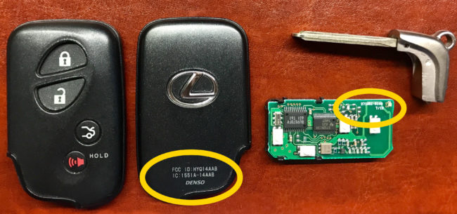 Lexus IS 250 350 blank virgin unregistered Smart Key fob proximity transmitter receiver part number on logic board and FCC IC number HYQ14AAB 1551A-14AAB on the key fob case
