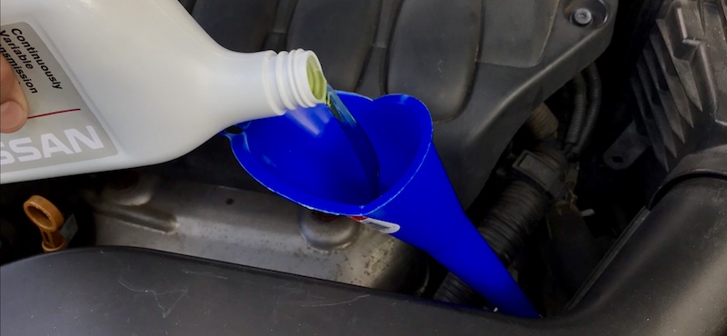 Refilling Nissan CVT transmission oil fluid NS-2 NS-3 using funnel