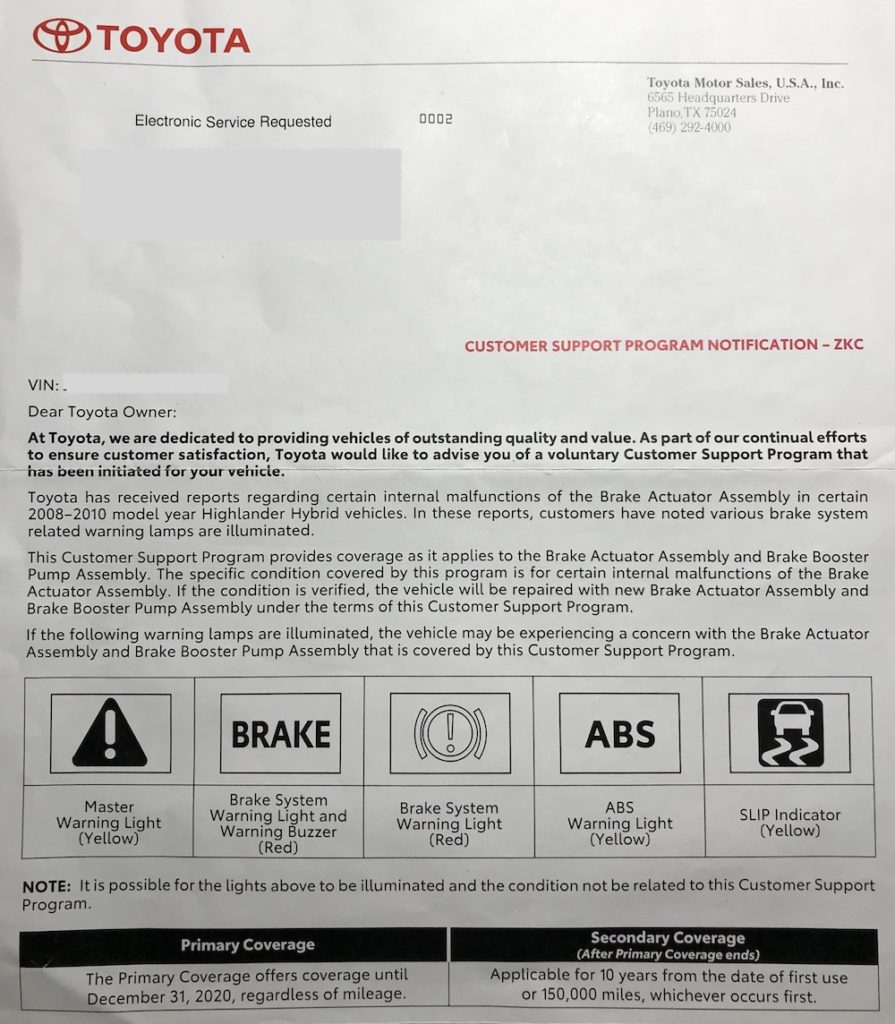 Toyota Highlander 2008 2009 2010 Lexus ZKC recall customer support program brake actuator failure 08 09 letter official