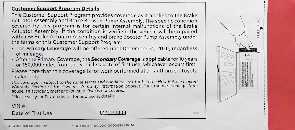 Toyota Highlander 2008 2009 2010 Lexus ZKC recal customer support program brake actuator failure